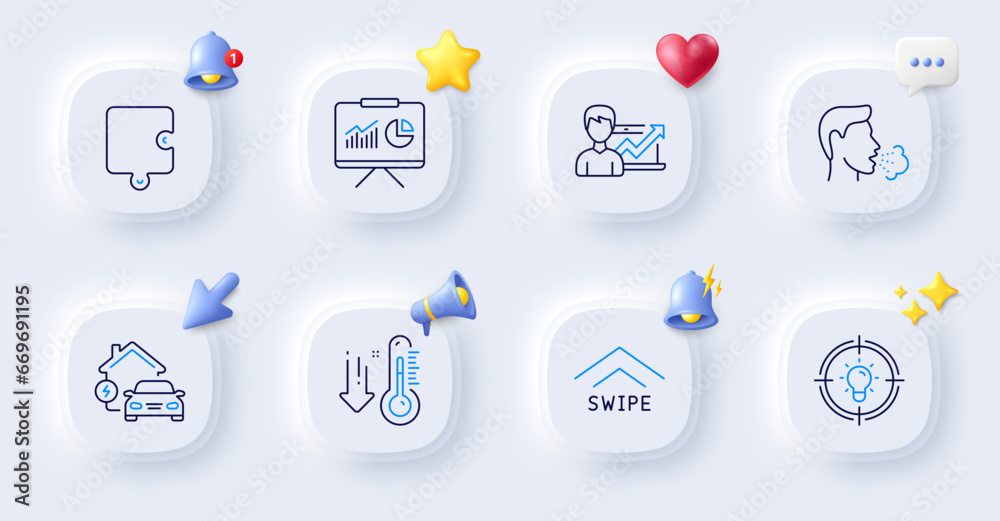 Low thermometer, Cough and Puzzle line icons. Buttons with 3d bell, chat speech, cursor. Pack of Presentation, Swipe up, Idea icon. Home charging, Success business pictogram. Vector Low thermometer, Cough and Puzzle line icons. Buttons with 3d bell, chat speech, cursor. Pack of Presentation, Swipe up, Idea icon. Home charging, Success business pictogram. Vector