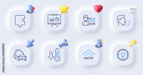 Low thermometer, Cough and Puzzle line icons. Buttons with 3d bell, chat speech, cursor. Pack of Presentation, Swipe up, Idea icon. Home charging, Success business pictogram. Vector