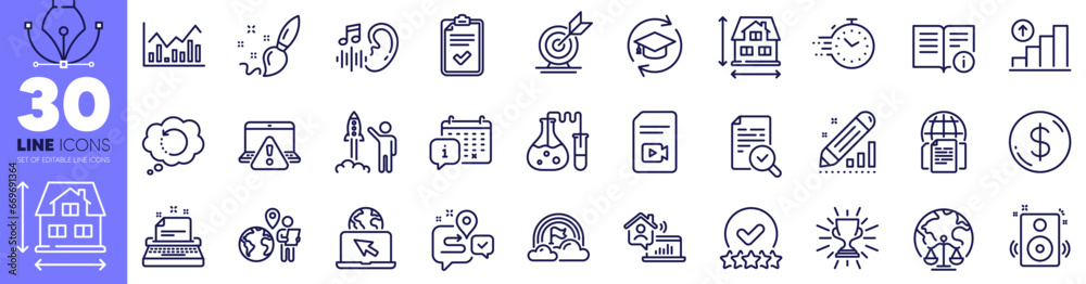 Chemistry lab, Internet documents and Online warning line icons pack. Timer, Checklist, Paint brush web icon. Recovery data, Video file, Hearing pictogram. Target goal. Design with pen tool. Vector