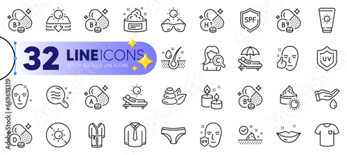 Outline set of Sunglasses, No sun and Vitamin d line icons for web with Aroma candle, Skin care, Cobalamin vitamin thin icon. Bathrobe, Sun protection, Uv protection pictogram icon. Vector