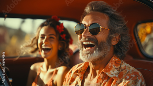 happy man with sunglasses smiling at camera and sitting in car