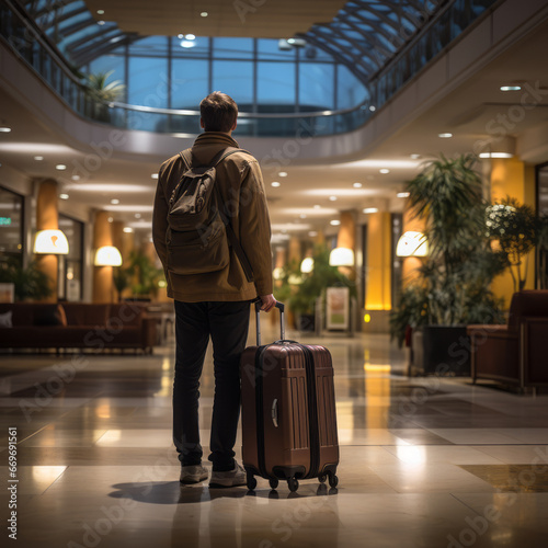 Man with backpack and suitcase standing in hotel lobby