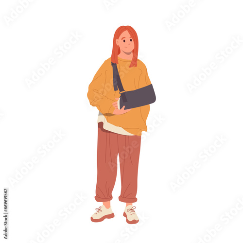 Teenage girl cartoon character with arm injury in gypsum or orthopedic cast isolated on white