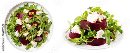 Bundle of red beet and goat cheese salad with arugula (side and top view) isolated on white background