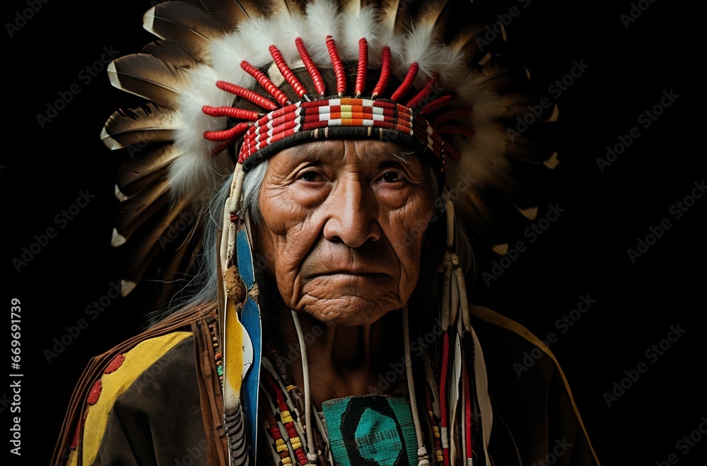 Legacy Preserved: Elder Native American in Apache Chief Headdress. Generative ai