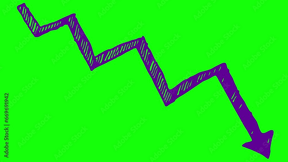 Animated violet arrow. Recession chart of economy. Economic crisis, recession, decrease graph. Profit down. Hand drawn vector illustration isolated on green background. Animated violet arrow. Recession chart of economy. Economic crisis, recession, decrease graph. Profit down. Hand drawn vector illustration isolated on green background.
