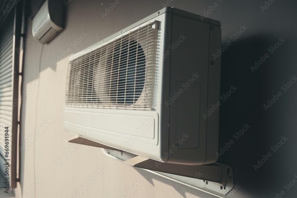 Closeup of air conditioner on wall. Generative AI Closeup of air conditioner on wall. Generative AI