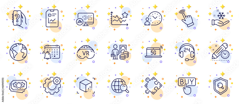 Outline set of Cursor, Internet search and Inspect line icons for web app. Include Help app, Buying, Report statistics pictogram icons. World planet, Augmented reality, Loyalty points signs. Vector