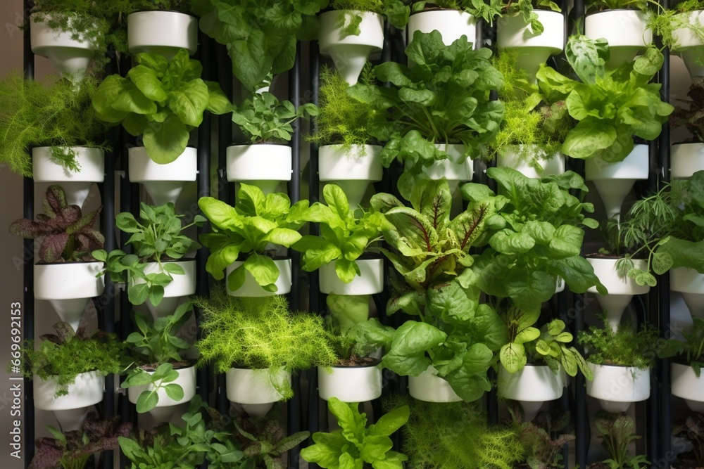 Various herbs flourish in vertical hydroponic system. Generative AI