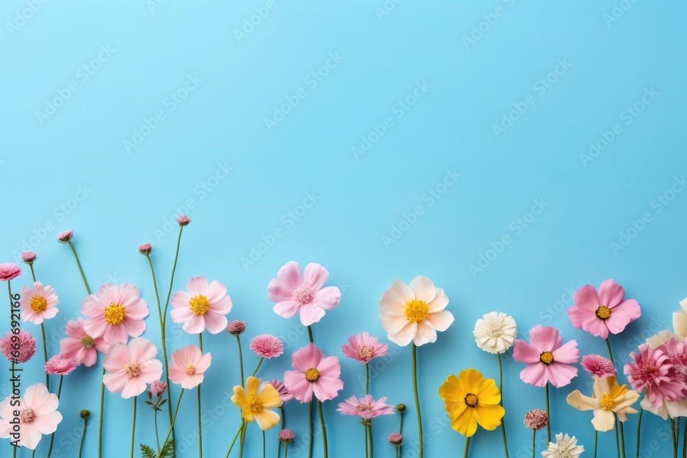 Colorful wild flowers on light blue background. Spring, easter concept. Greeting card for woman or mothers day. Floral card or banner template with space for text