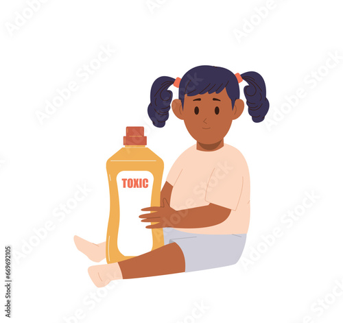 Isolated little girl child cartoon character playing with dangerous toxic domestic chemicals