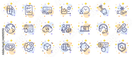 Outline set of Cursor, Internet search and Inspect line icons for web app. Include Help app, Buying, Report statistics pictogram icons. World planet, Augmented reality, Loyalty points signs. Vector