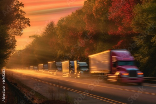 A line of trucks speeding on a highway in Tennessee, with heat waves creating a shimmering effect on vehicles and trees behind the lead truck. Generative AI