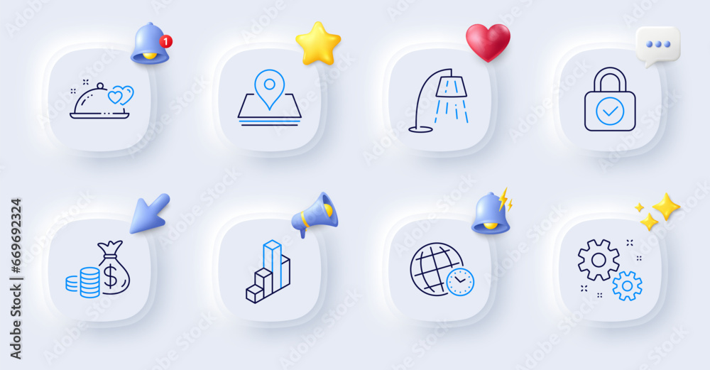 Stand lamp, Work and Coins bag line icons. Buttons with 3d bell, chat speech, cursor. Pack of Romantic dinner, Security lock, Pin icon. 3d chart, Time zone pictogram. For web app, printing. Vector Stand lamp, Work and Coins bag line icons. Buttons with 3d bell, chat speech, cursor. Pack of Romantic dinner, Security lock, Pin icon. 3d chart, Time zone pictogram. For web app, printing. Vector