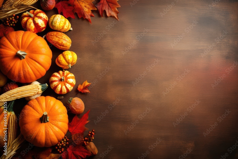 Harvest of different raw pumpkins. Pumpkins and leaves on rustic brown table. Thanksgiving day or Halloween concept. Beautiful holiday autumn flat lay background with copy space Harvest of different raw pumpkins. Pumpkins and leaves on rustic brown table. Thanksgiving day or Halloween concept. Beautiful holiday autumn flat lay background with copy space