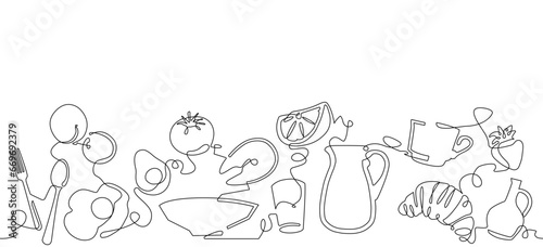 Background with utensils and fresh food. Cooking process. Breakfast. Vector illustration. Continuous line drawing  style.