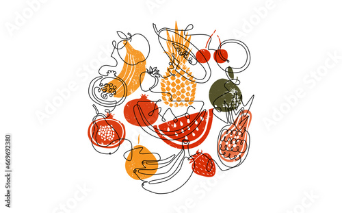 Vector illustration with fresh fruits. Summer food. Kitchen hand drawn poster.