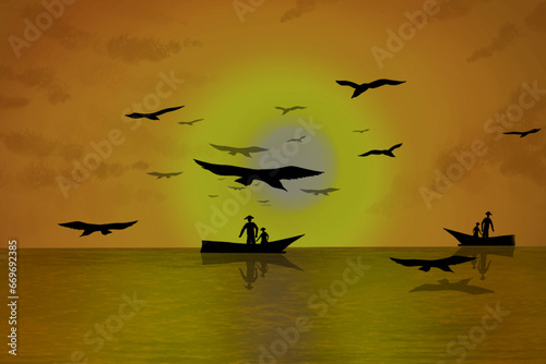 silhouettes of birds and fishermen with small boats, with a sunset in the background