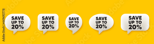 Save up to 20 percent tag. 3d chat speech bubbles set. Discount Sale offer price sign. Special offer symbol. Discount talk speech message. Talk box infographics. Vector