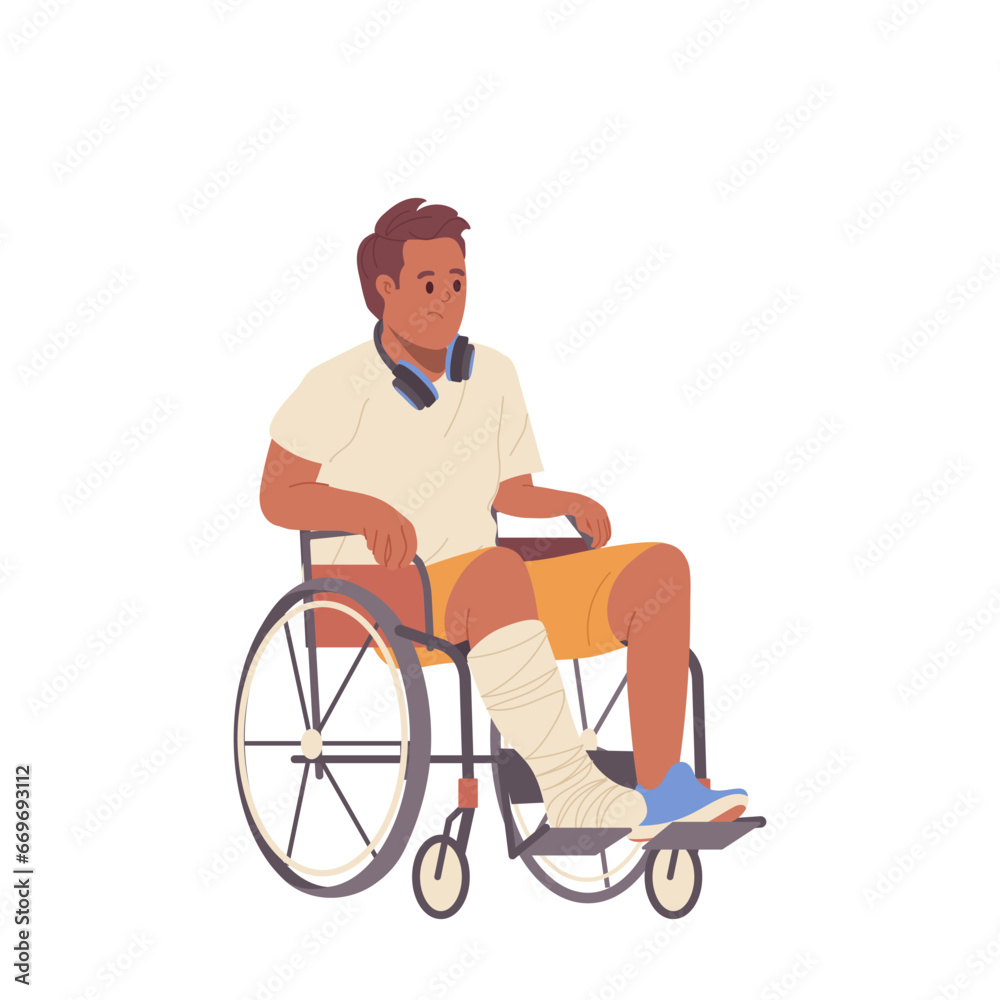 Young man cartoon character with gypsum bandaged leg sitting in wheelchair isolated on white