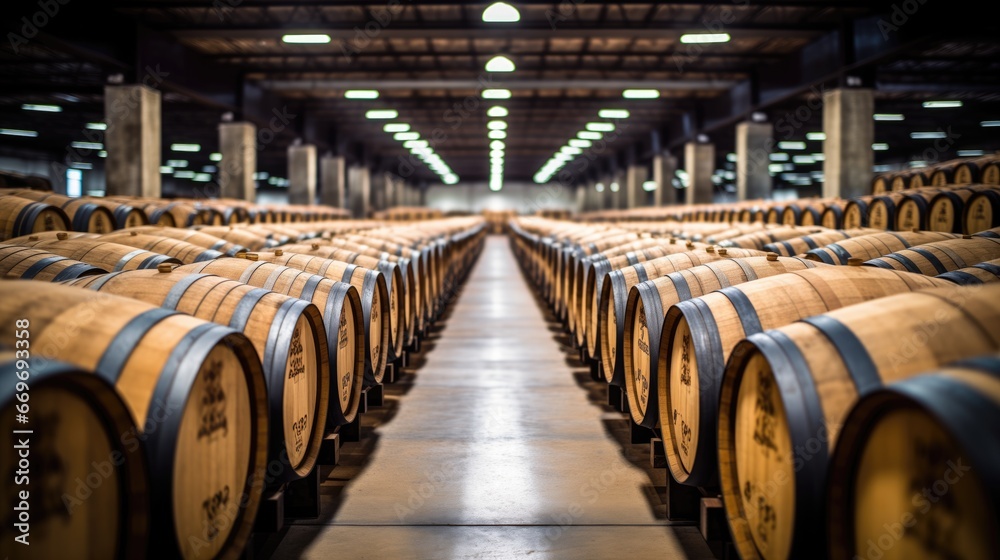 Wooden oak Port barrels in neat rows Wooden oak Port barrels in neat rows