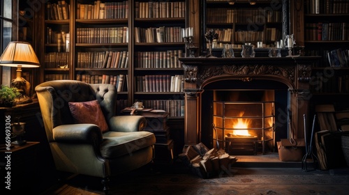 A cozy library with a fireplace and shelves of old books. A sense of nostalgia and intellectual calm.