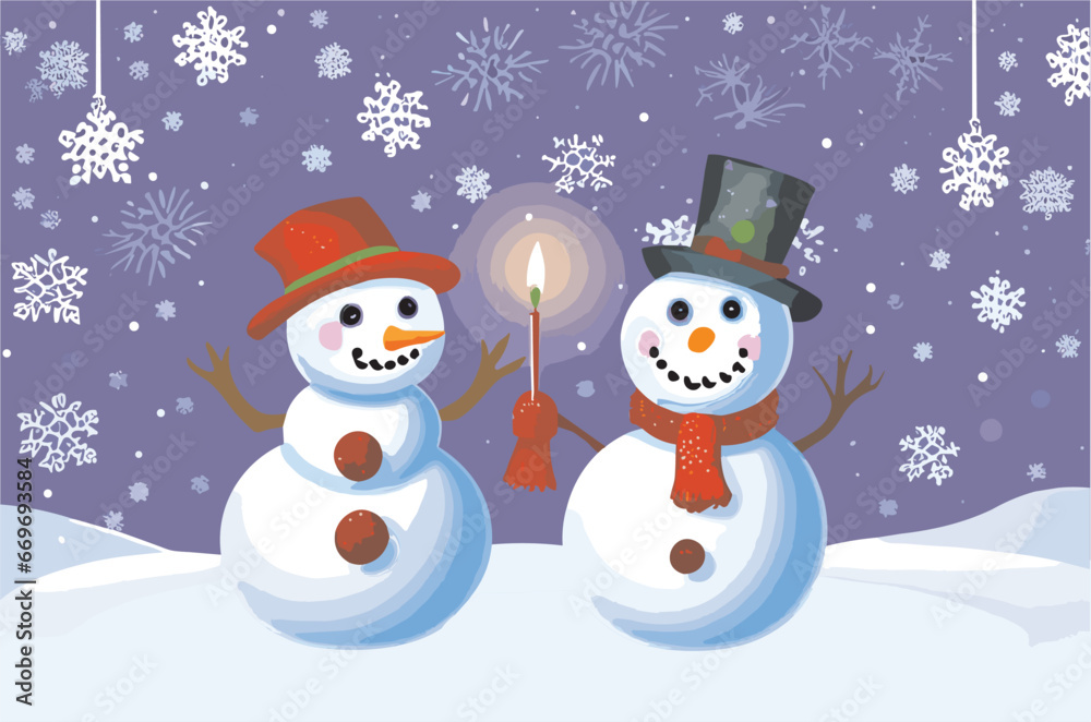 Vector festive illustration with snowflakes,
cartoon funny snowmen in the snow
in the Christmas style of 2024 new year. 
The fire of a New Year's candle.
A snow woman in a scarf and hat.