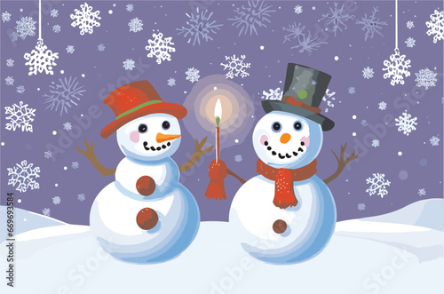 Vector festive illustration with snowflakes, cartoon funny snowmen in the snow in the Christmas style of 2024 new year.  The fire of a New Year's candle. A snow woman in a scarf and hat. © TKalinovskaya