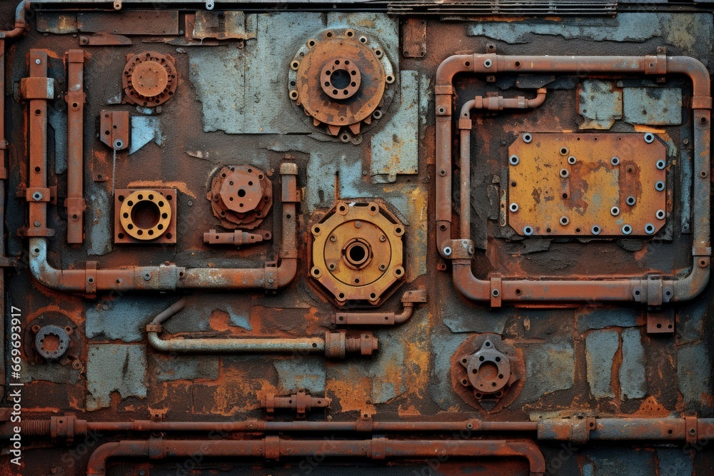 Rusty metal texture background with cogwheels and gears. Industrial background. Generative Ai