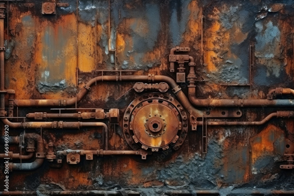 Industrial background. Rusty metal texture with gears and cogwheels. Generative Ai