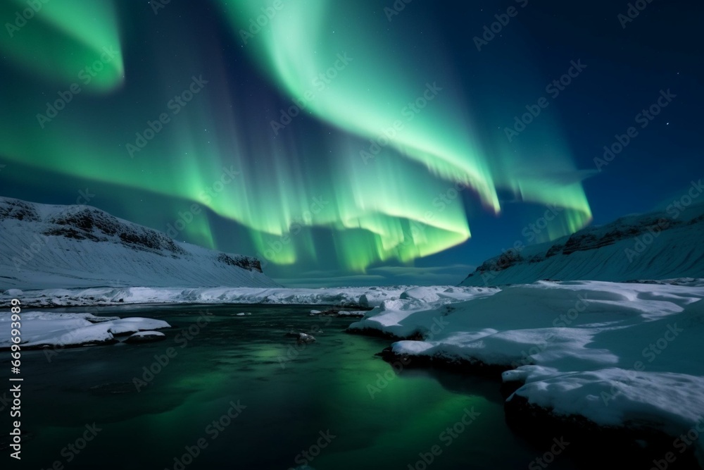 Breathtaking arctic aurora in a desolate setting, unveiling ethereal polar lights. Generative AI