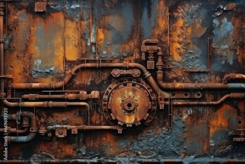 Industrial background. Rusty metal texture with gears and cogwheels. Generative Ai