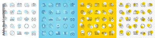 Vector icons set of Time, Photo camera and Empower line icons pack for web with Time zone, Start business, Puzzle outline icon. Car service, Approved award, Sharing economy pictogram. Vector