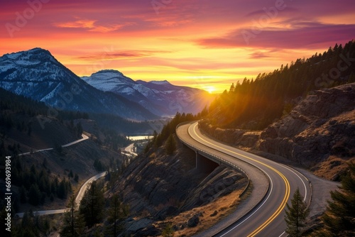 Breathtaking view of a highway amidst vibrant mountains during sunrise in Montana. Generative AI