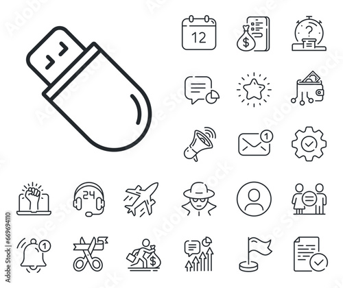 Computer memory component sign. Salaryman, gender equality and alert bell outline icons. Usb stick line icon. Data storage symbol. Usb stick line sign. Spy or profile placeholder icon. Vector