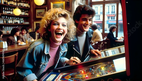Rétro - Années 1980 - Jeune couple jouant au flipper dans une brasserie photo