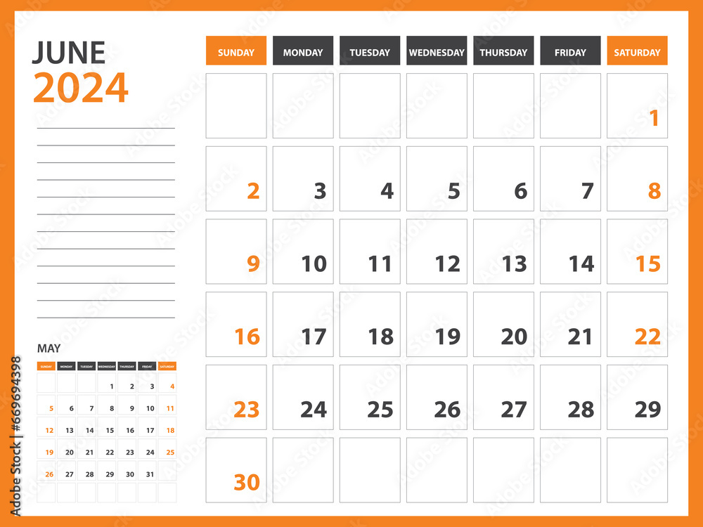 Monthly calendar template for 2024 year - June 2024 year, Week Starts on Sunday, Desk calendar 2024 design, Wall calendar, planner design, stationery, printing media, Orange background, vector Monthly calendar template for 2024 year - June 2024 year, Week Starts on Sunday, Desk calendar 2024 design, Wall calendar, planner design, stationery, printing media, Orange background, vector
