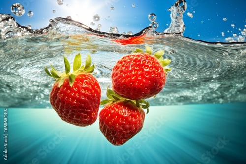 Dynamic Strawberries Floating in Water with Blue Sky Below