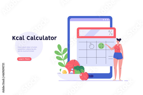 Happy woman counting daily calories with diet app. Concept of calories count, diet app for nutrition and dieting, weight loss calculator. Girl using diet app for meal plan. Vector illustration in flat