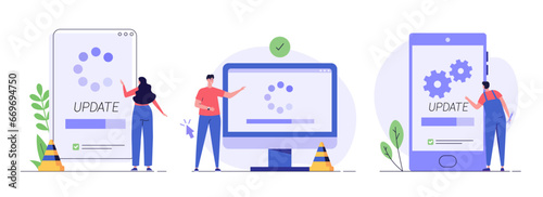 User updating operation system with progress bar. Software upgrade and installation program. Set of system update, integration, software installation. Vector illustration for UI, mobile app
