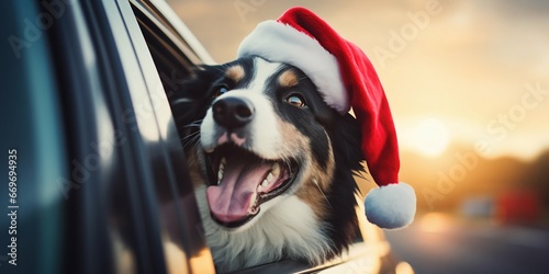 Dog's Festive Ride: Celebrating Christmas on the Road. Generative ai © Scrudje