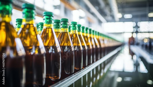 Precision in Production  Beverage Bottling on a Pristine Factory Line. Generative ai