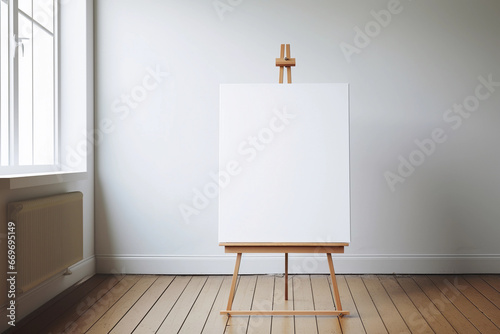 An easel with a blank white canvas stands in an empty minimalist room. White empty wall. Background for mockups.