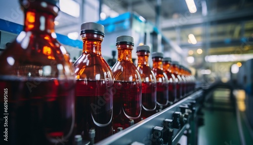 Precision in Production  Beverage Bottling on a Pristine Factory Line. Generative ai