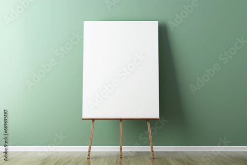 An easel with a blank white canvas stands in an empty minimalist room with empty sage green wall. Background for mockups. photo