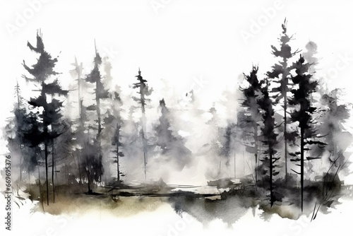 Black and white watercolor trees, forest landscape on isolated background. Generative AI