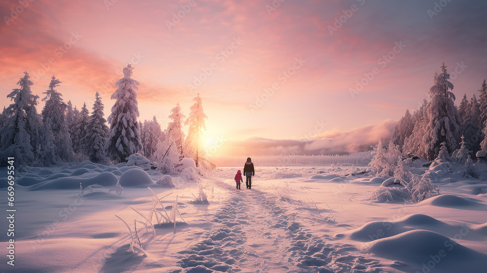 paesaggio alpino finlandese con albero ghiacciato all'alba, lunga esposizione, colori tenui, sensazione magica di inverno romantico paesaggio alpino finlandese con albero ghiacciato all'alba, lunga esposizione, colori tenui, sensazione magica di inverno romantico