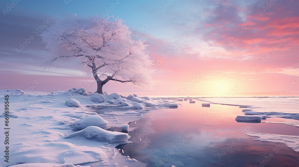 Φωτογραφία paesaggio alpino finlandese con albero ghiacciato all'alba, lunga esposizione, c