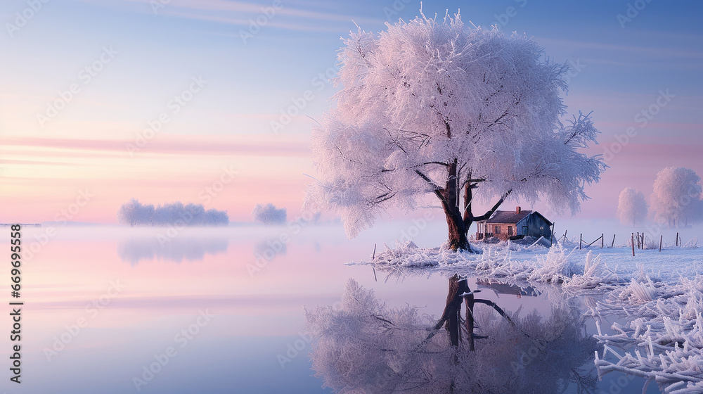 Φωτογραφία paesaggio alpino finlandese con albero ghiacciato all'alba, lunga esposizione, c