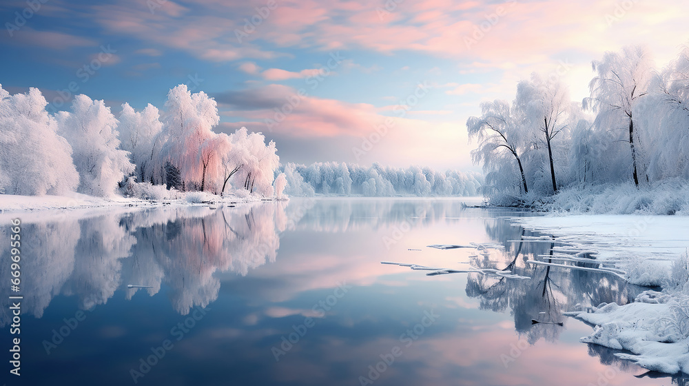 Φωτογραφία paesaggio alpino finlandese con albero ghiacciato all'alba, lunga esposizione, c